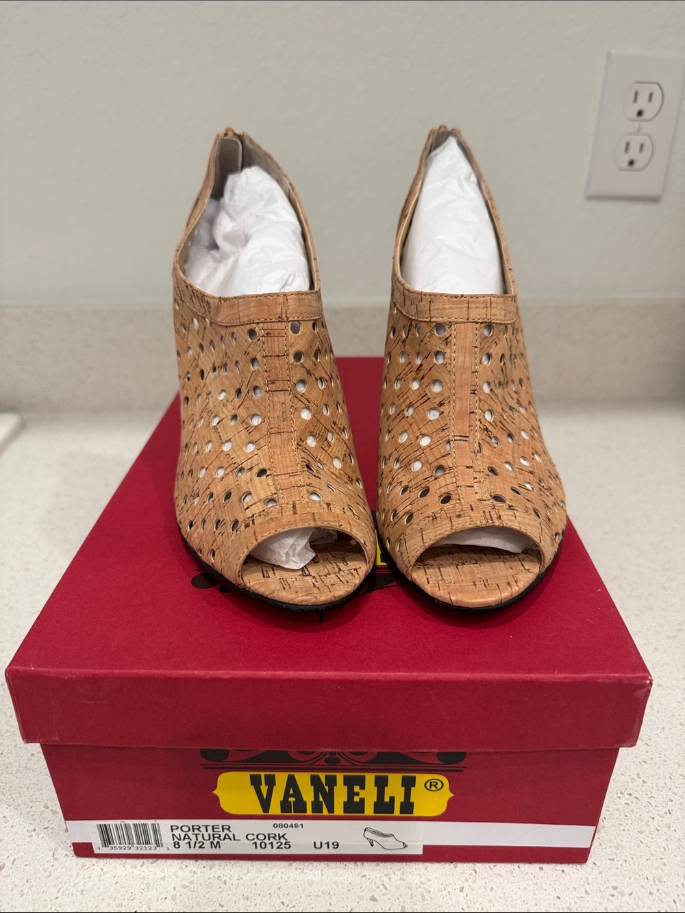 Vaneli Natural Cork Peep-Toe Cutout Heels